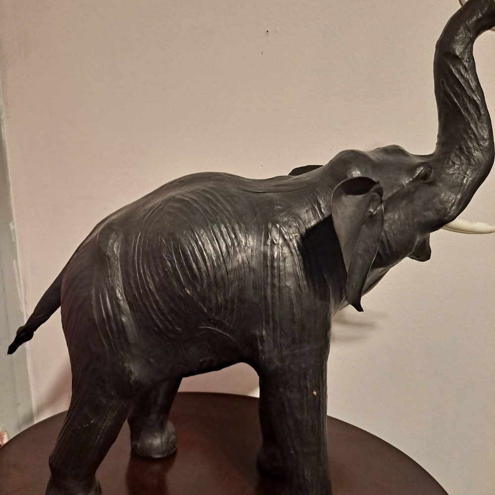 Elegant Black Elephant Sculpture. Leather. Height 18 Inches. Made In India.